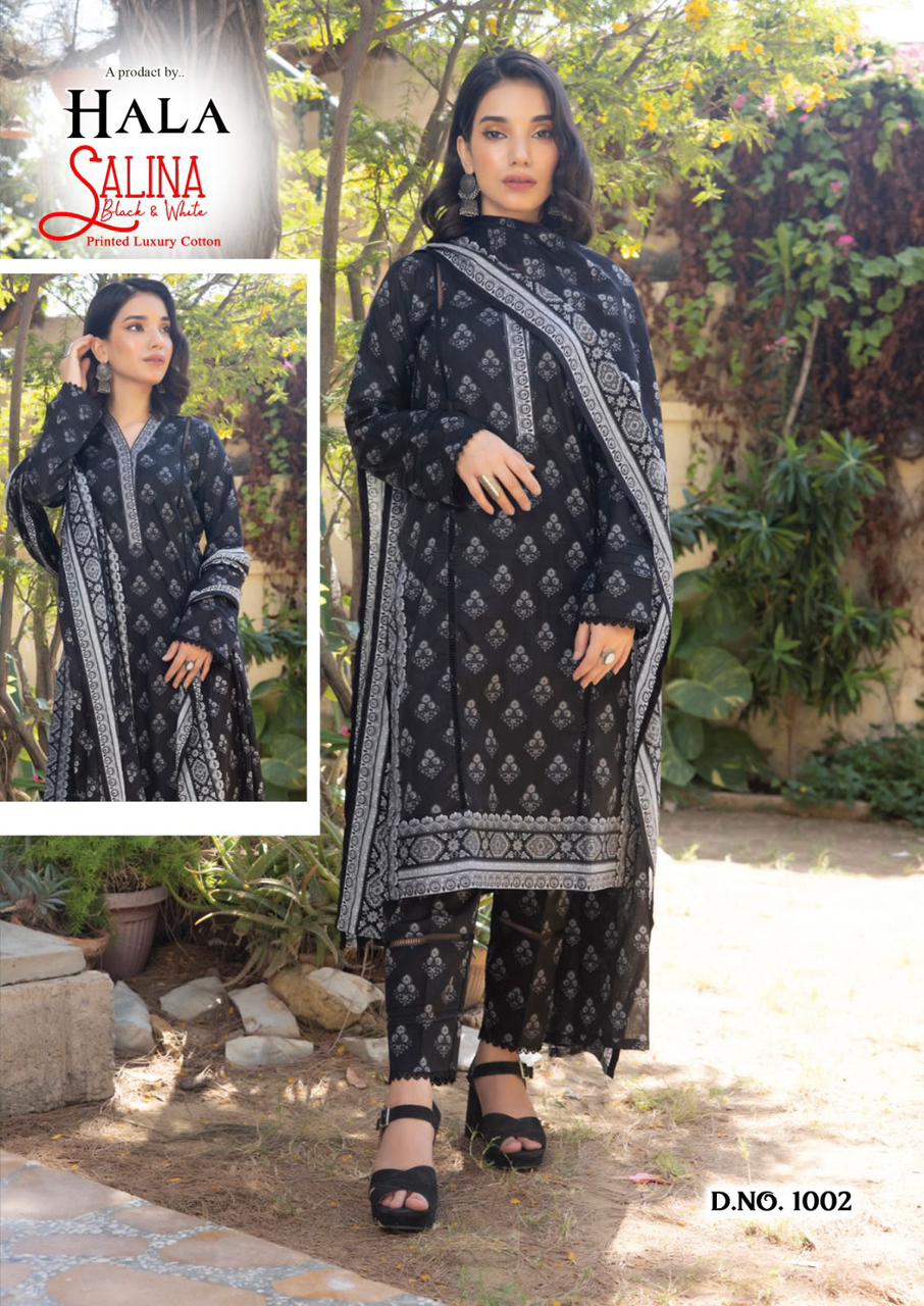 Hala Salina Black And White Cotton Dress Material Catalog
